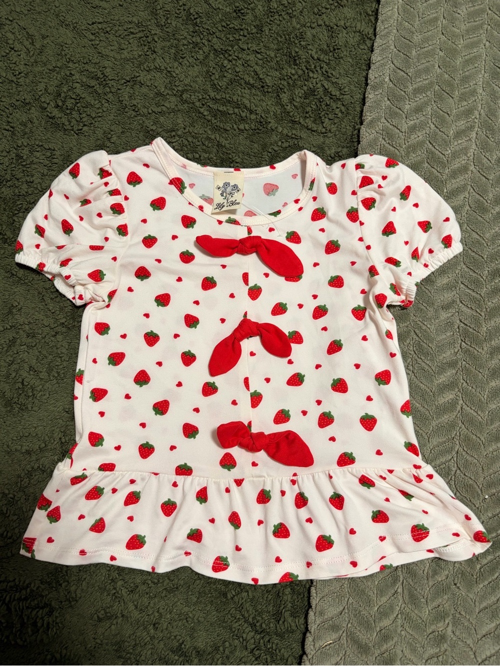 Girls White Strawberry Print Short Sleeve Peplum Top with Red Bows